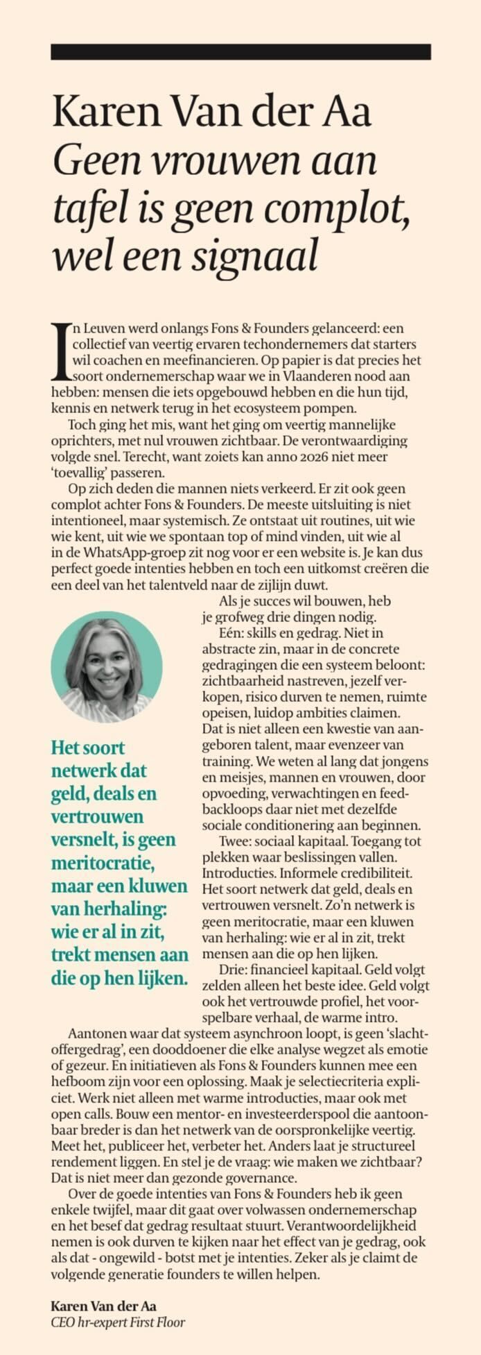 De Tijd — Geen vrouwen aan tafel is geen complot, wel een signaal